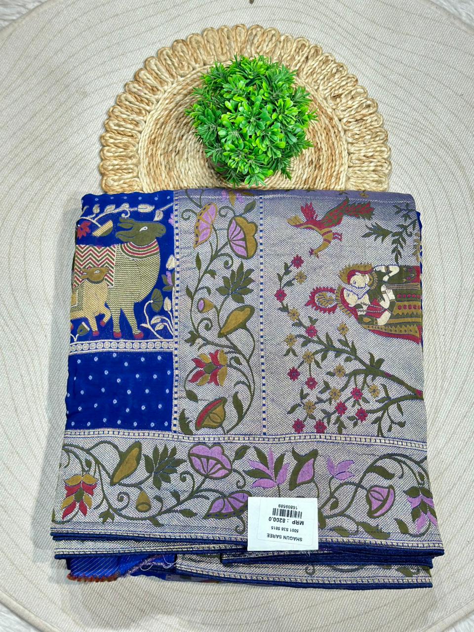 Designer Printed Silk Saree with Folk Art & Floral Panel Design | Shagun Sarees