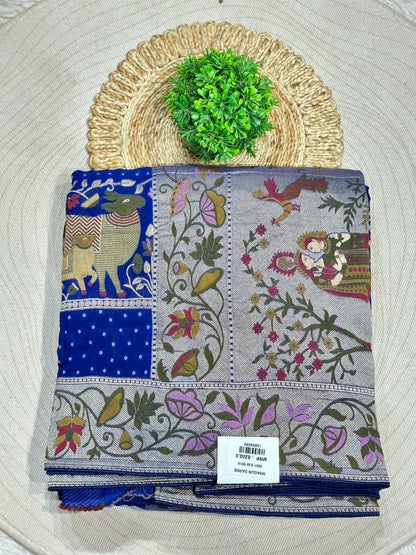 Designer Printed Silk Saree with Folk Art & Floral Panel Design | Shagun Sarees