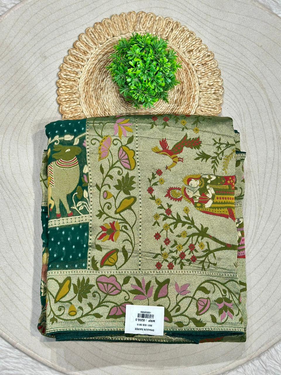 Designer Printed Silk Saree with Folk Art & Floral Panel Design | Shagun Sarees