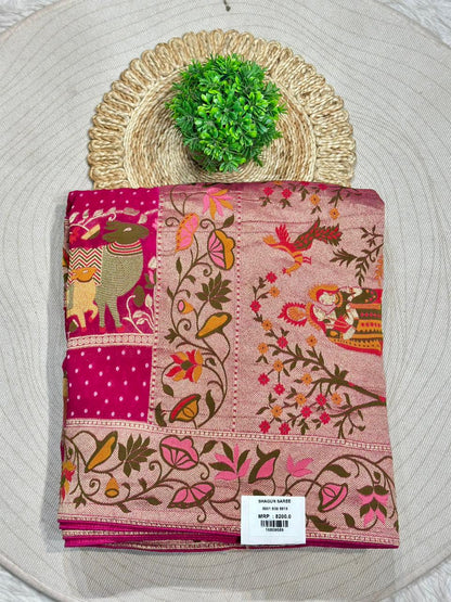 Designer Printed Silk Saree with Folk Art & Floral Panel Design | Shagun Sarees