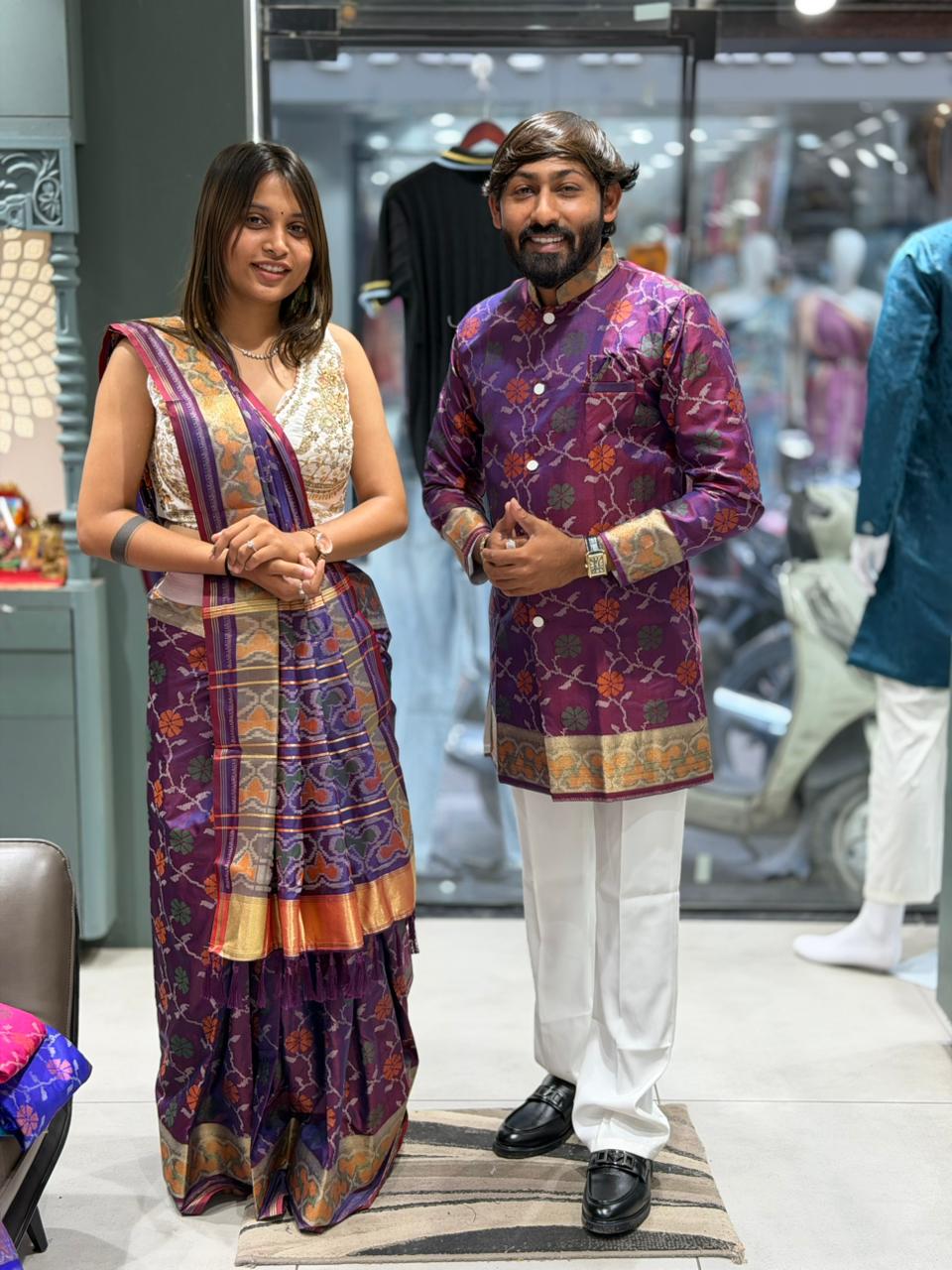 SHAGUN FASHION Premium Couple Combo Set – Matching Banarasi Silk Saree & Men's Short Sherwani Kurta