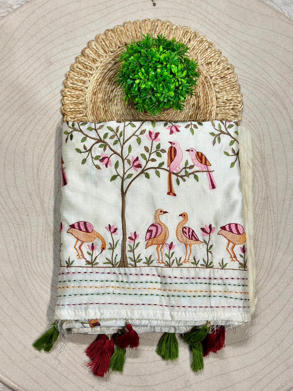 Designer Embroidered Linen Silk Saree with Bird & Animal Motifs | Festive Wear | Shagun Sarees