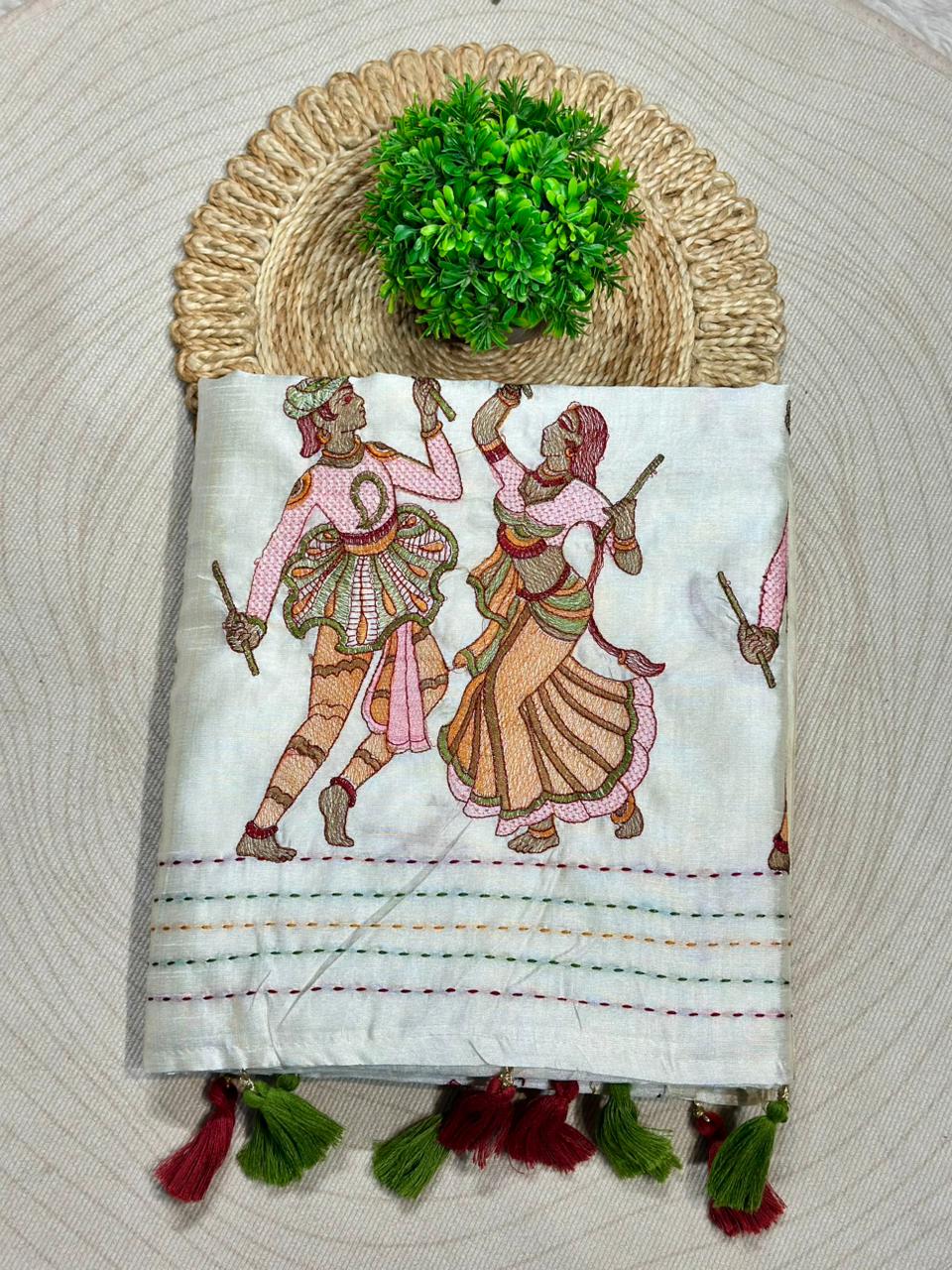 Designer Embroidered Linen Silk Saree with Bird & Animal Motifs | Festive Wear | Shagun Sarees