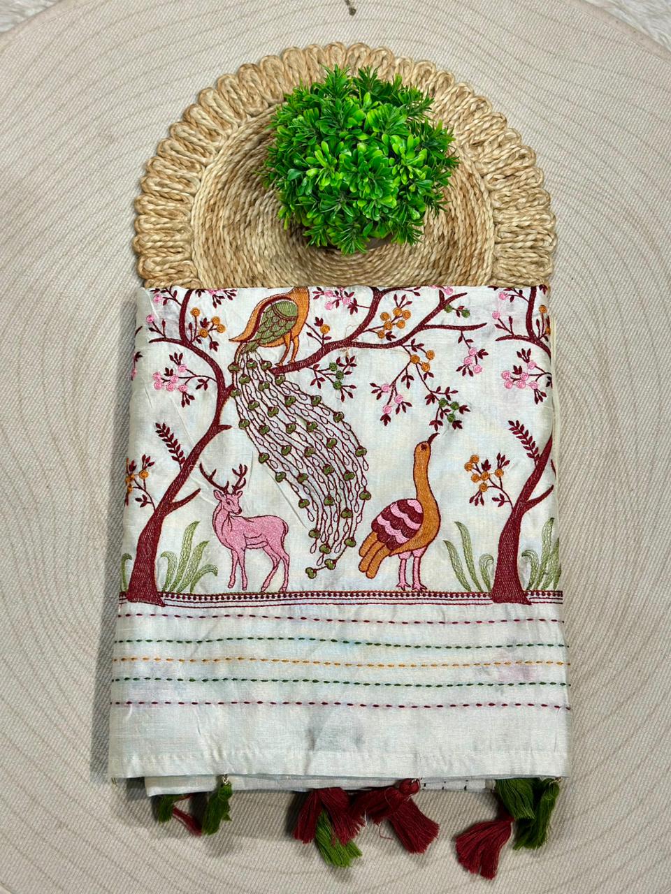 Designer Embroidered Linen Silk Saree with Bird & Animal Motifs | Festive Wear | Shagun Sarees
