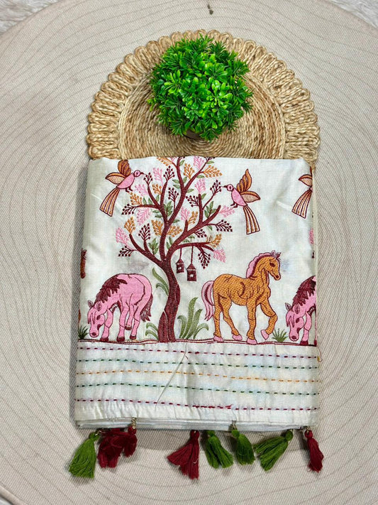 Designer Embroidered Linen Silk Saree with Bird & Animal Motifs | Festive Wear | Shagun Sarees