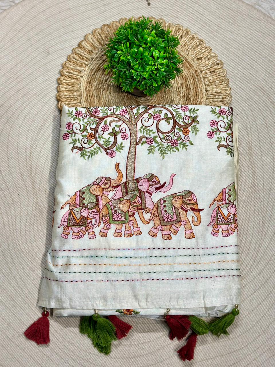 Designer Embroidered Linen Silk Saree with Bird & Animal Motifs | Festive Wear | Shagun Sarees