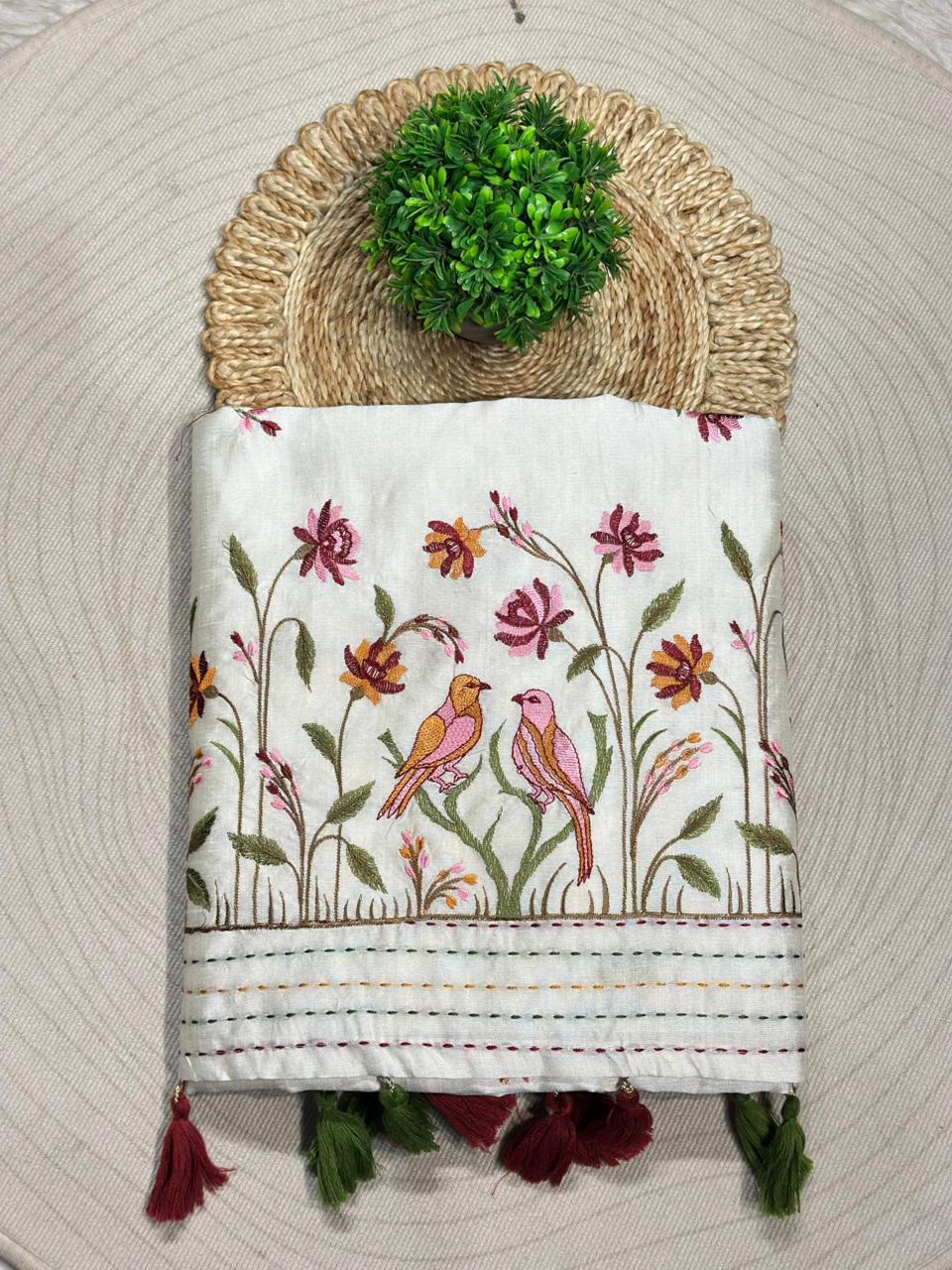 Designer Embroidered Linen Silk Saree with Bird & Animal Motifs | Festive Wear | Shagun Sarees