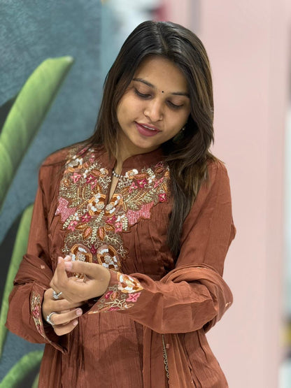 Brown Embroidered Kurta Set with Dupatta – Perfect Festive & Daily Wear by SHAGUN FASHION