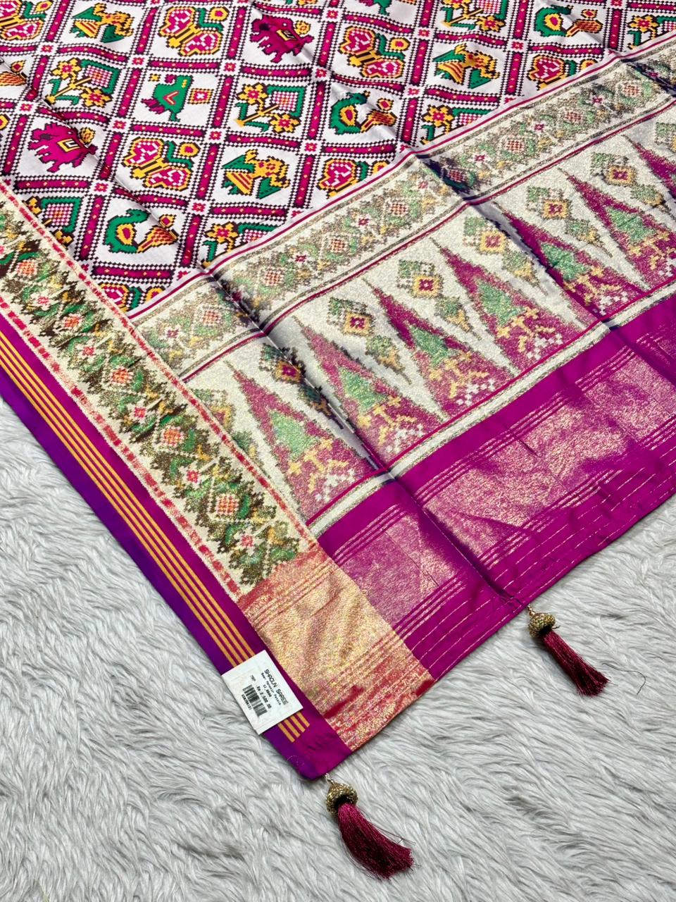 Elegant Patola Print Saree with Rich Golden Border & Stylish Tassels – Premium Collection by SHAGUN FASHION