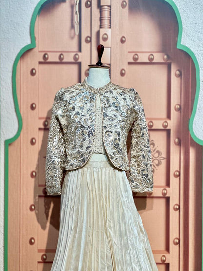 Cream Embroidered Girls Lehenga Set With Designer Jacket | By SHAGUN FASHION