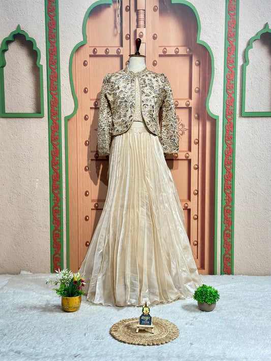 Cream Embroidered Girls Lehenga Set With Designer Jacket | By SHAGUN FASHION