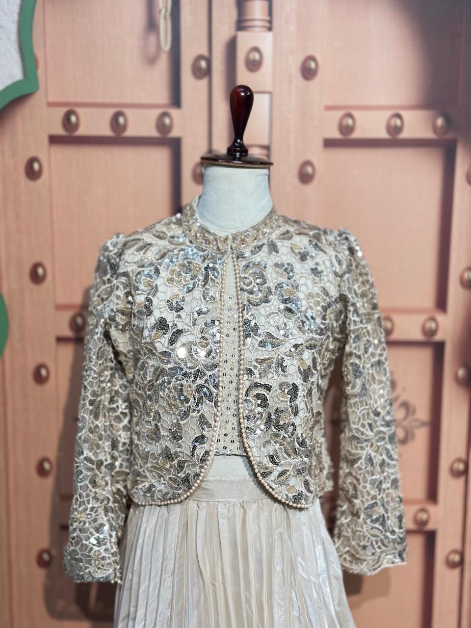 Cream Embroidered Girls Lehenga Set With Designer Jacket | By SHAGUN FASHION