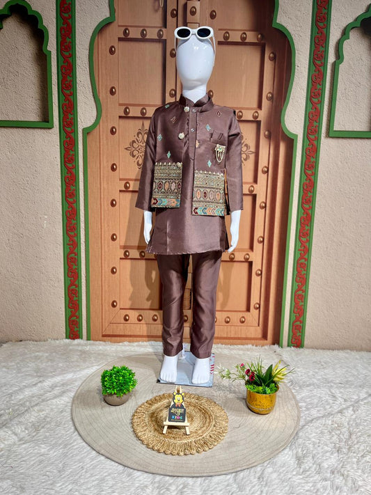 Royal Coffee Brown Kids Kurta Pajama Set With Designer Jacket By SHAGUN FASHION