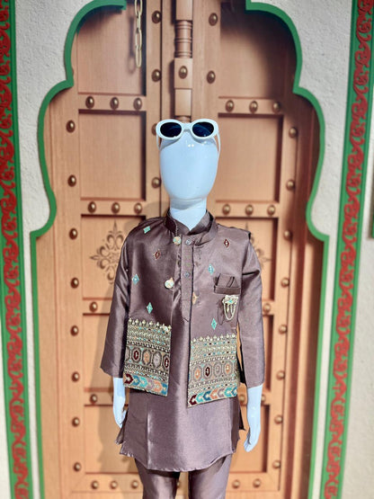 Royal Coffee Brown Kids Kurta Pajama Set With Designer Jacket By SHAGUN FASHION