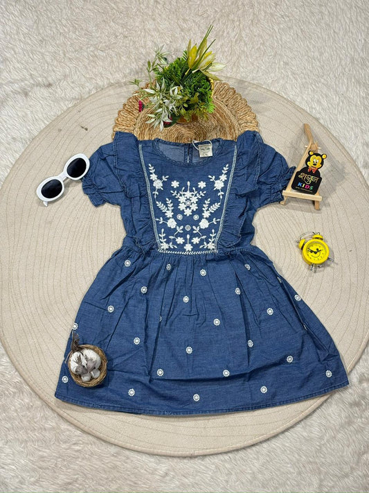 Cute Girls Denim Embroidered Frock Dress By SHAGUN FASHION