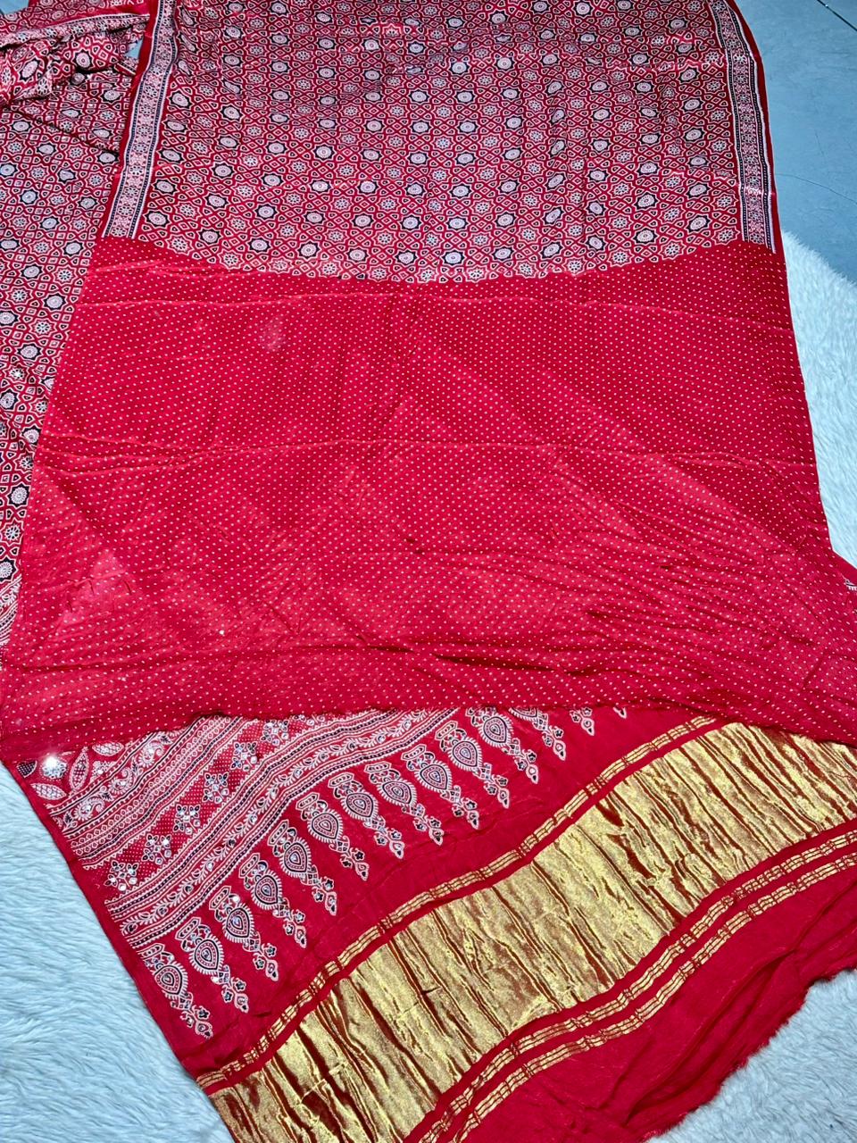 Beautiful Traditional Ajrakh Printed Saree With Golden Border By SHAGUN FASHION