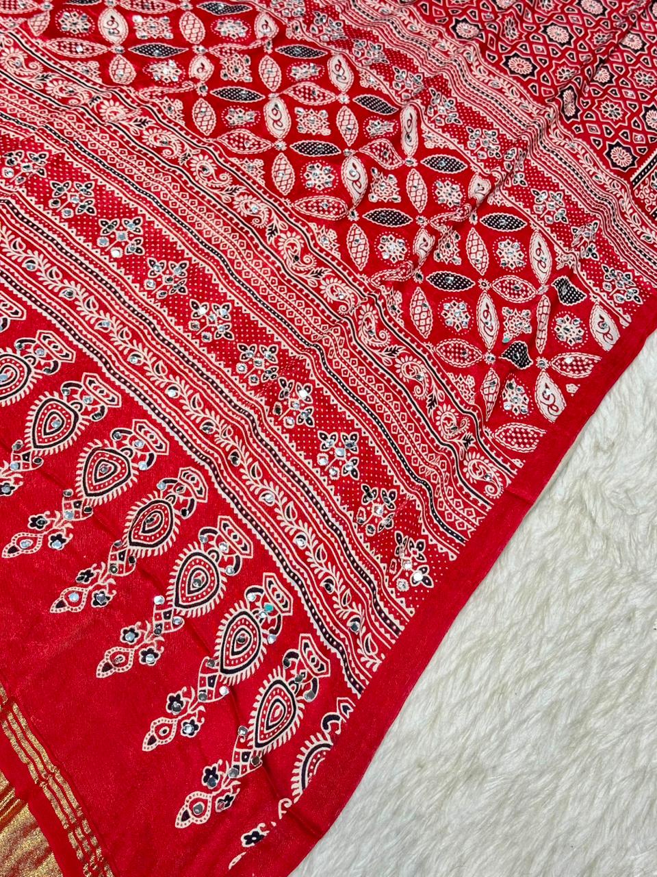 Beautiful Traditional Ajrakh Printed Saree With Golden Border By SHAGUN FASHION