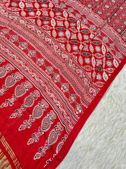 Beautiful Traditional Ajrakh Printed Saree With Golden Border By SHAGUN FASHION