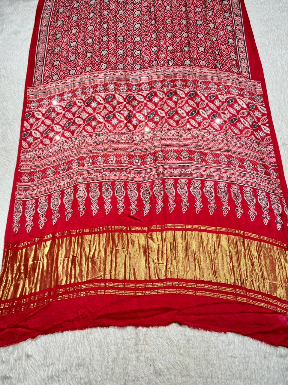 Beautiful Traditional Ajrakh Printed Saree With Golden Border By SHAGUN FASHION