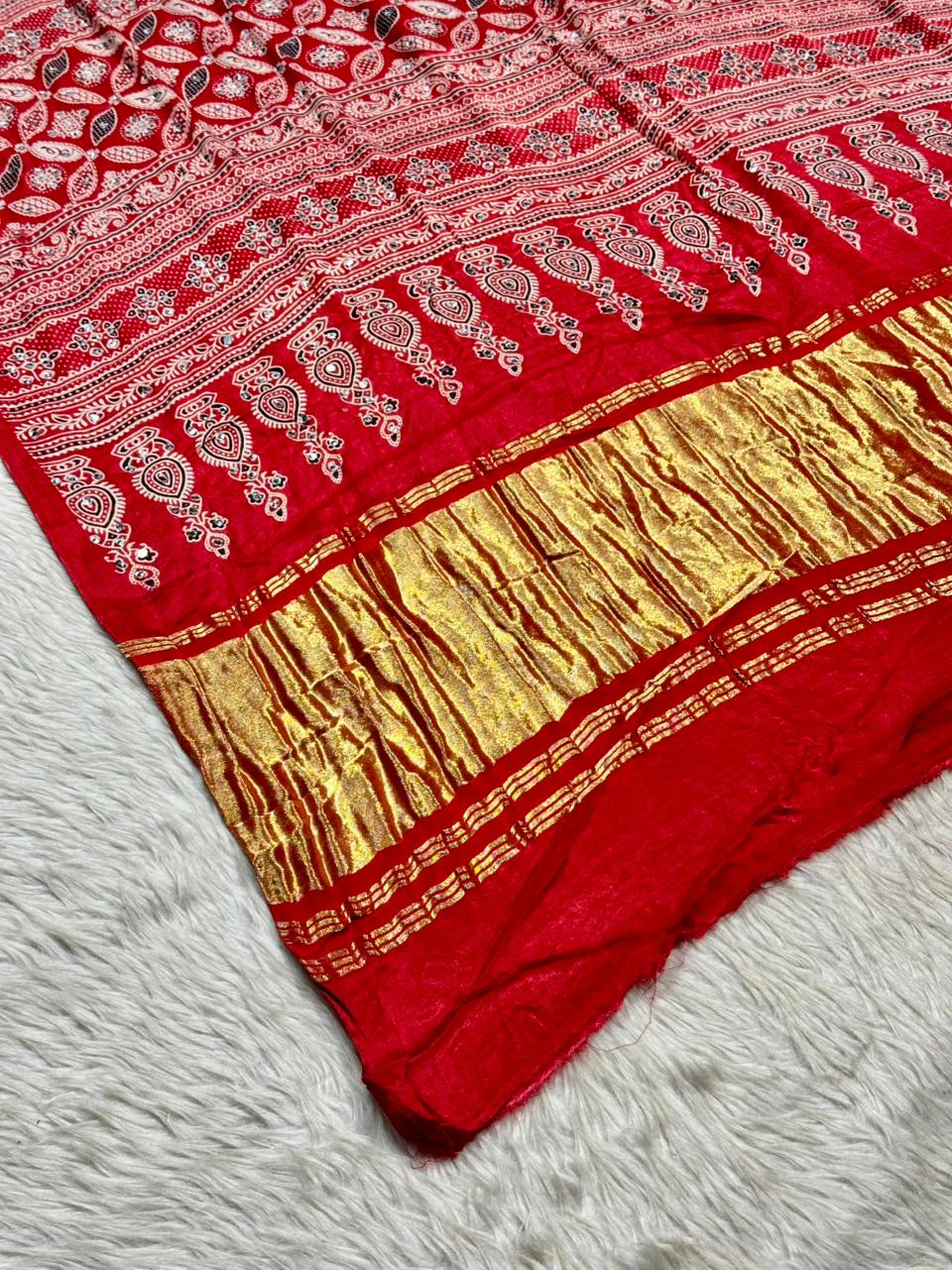 Beautiful Traditional Ajrakh Printed Saree With Golden Border By SHAGUN FASHION