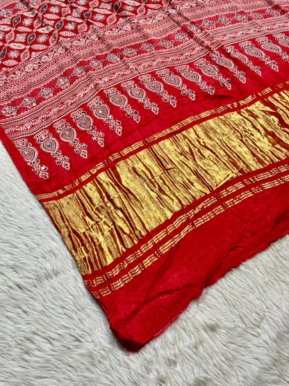 Beautiful Traditional Ajrakh Printed Saree With Golden Border By SHAGUN FASHION
