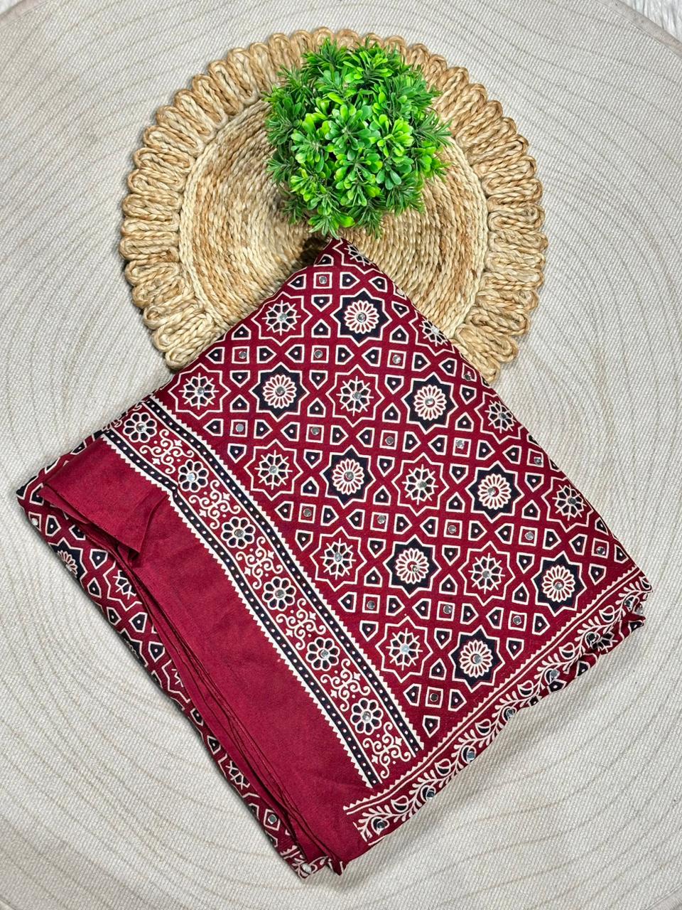 Beautiful Traditional Ajrakh Printed Saree With Golden Border By SHAGUN FASHION