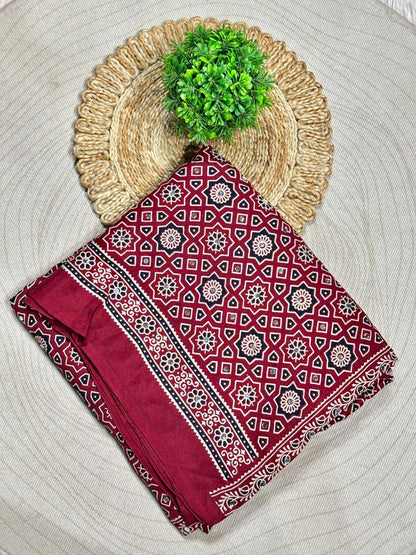 Beautiful Traditional Ajrakh Printed Saree With Golden Border By SHAGUN FASHION