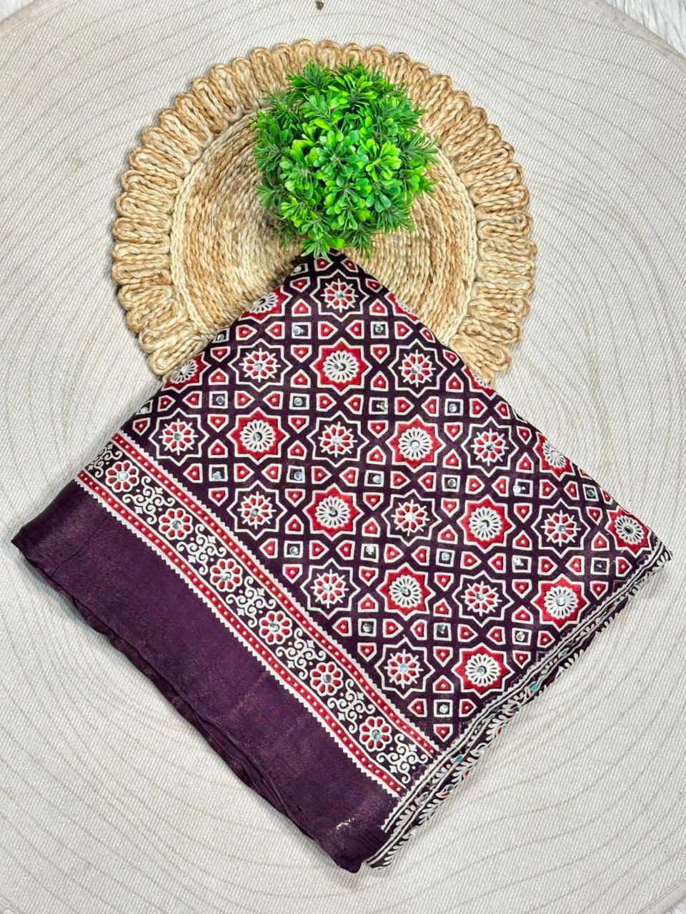 Beautiful Traditional Ajrakh Printed Saree With Golden Border By SHAGUN FASHION
