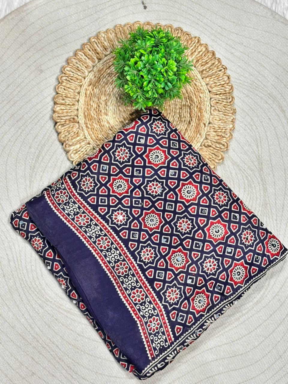 Beautiful Traditional Ajrakh Printed Saree With Golden Border By SHAGUN FASHION