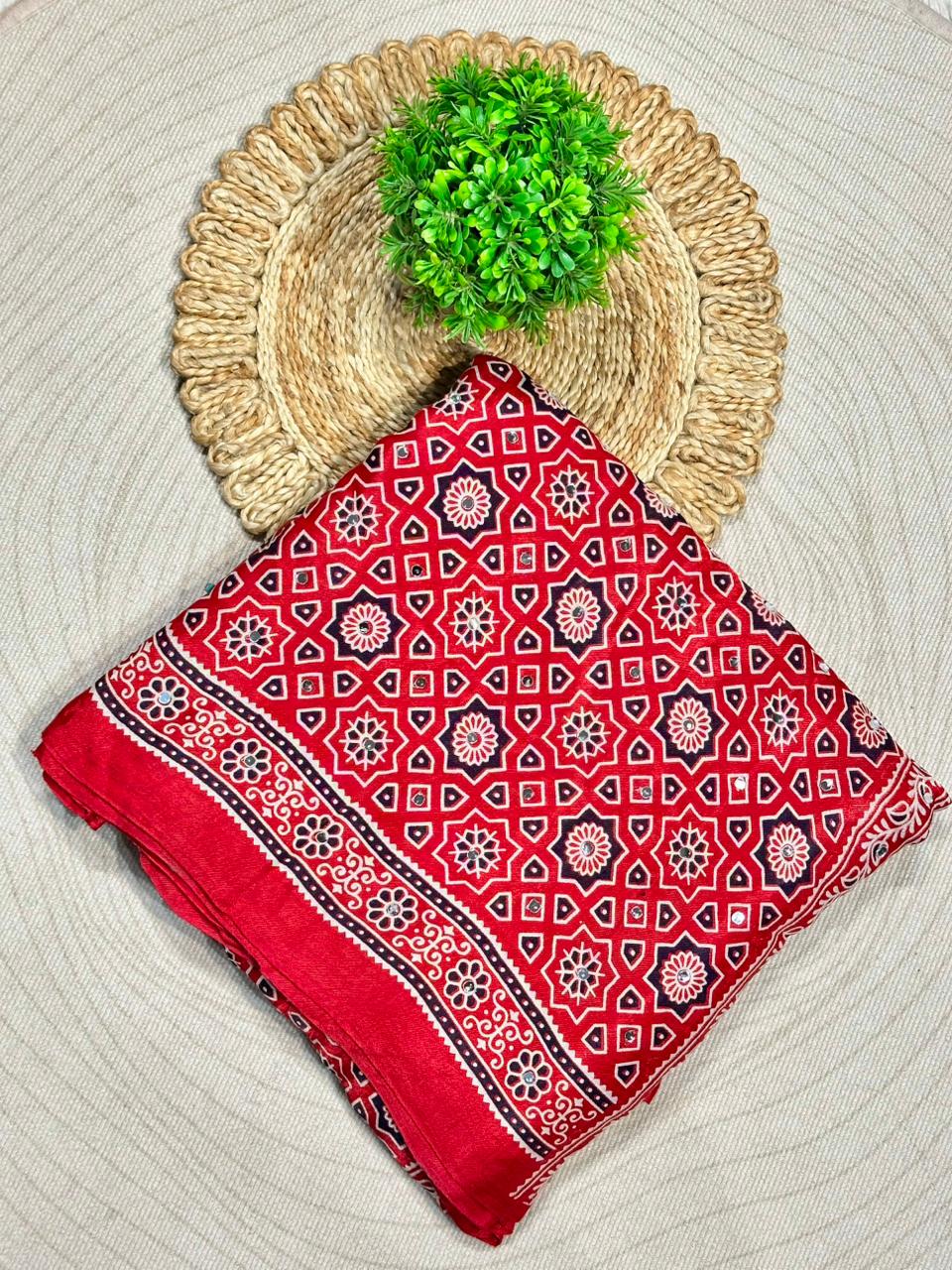 Beautiful Traditional Ajrakh Printed Saree With Golden Border By SHAGUN FASHION