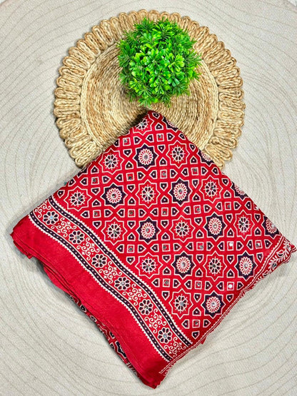 Beautiful Traditional Ajrakh Printed Saree With Golden Border By SHAGUN FASHION