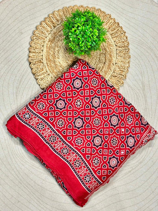 Beautiful Traditional Ajrakh Printed Saree With Golden Border By SHAGUN FASHION