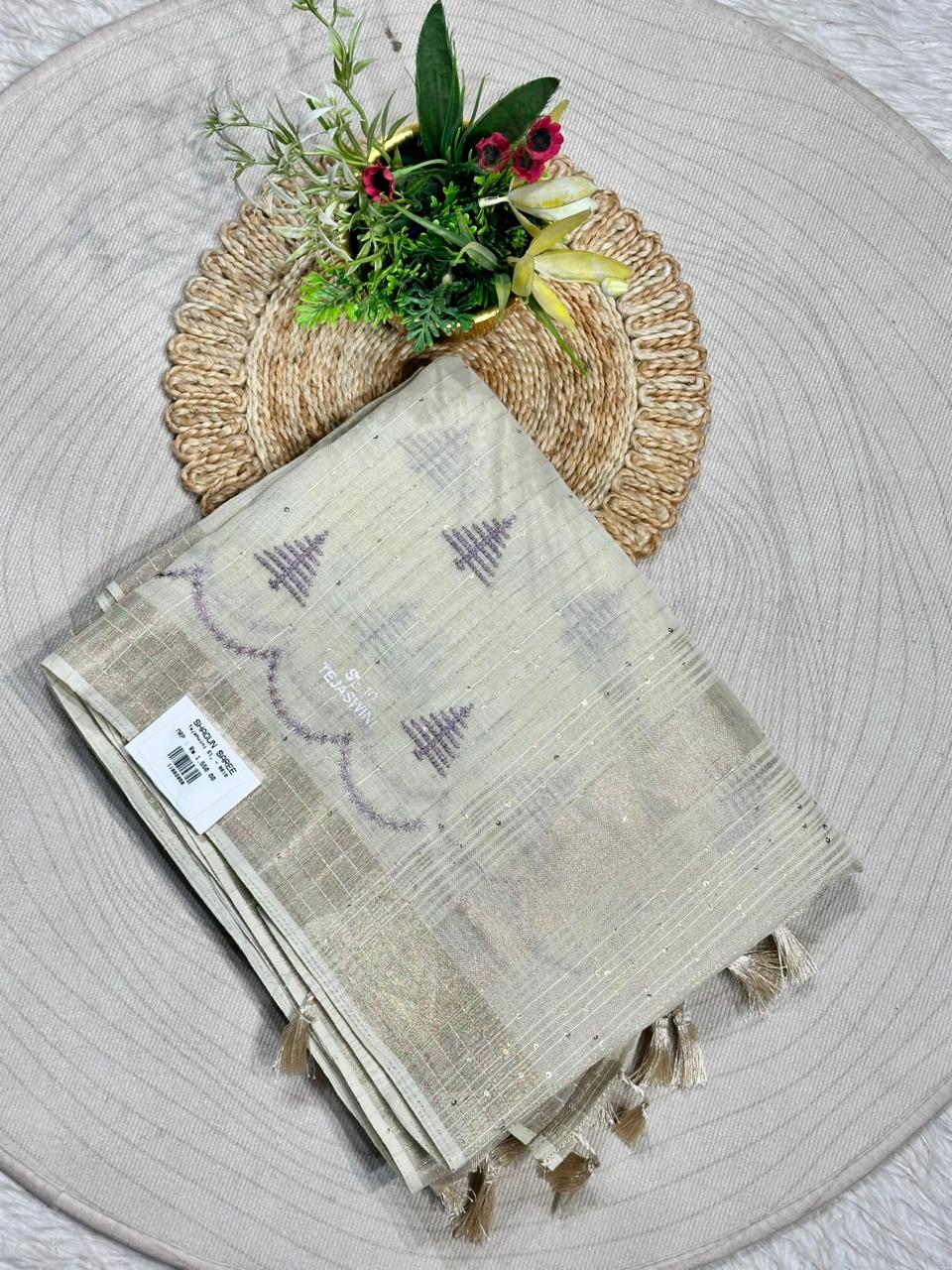 Linen Tissue Saree With Tassels By SHAGUN FASHION