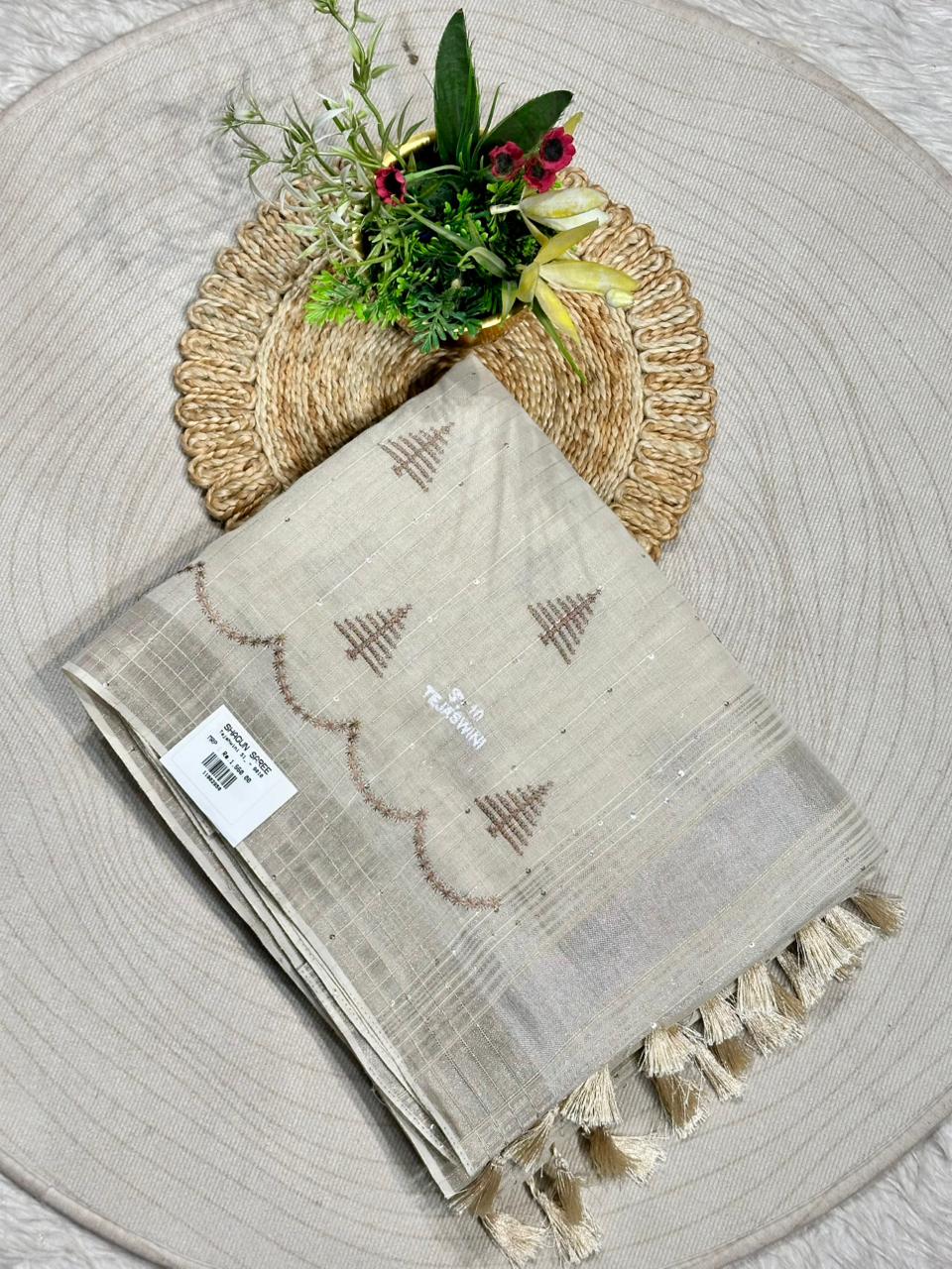 Linen Tissue Saree With Tassels By SHAGUN FASHION