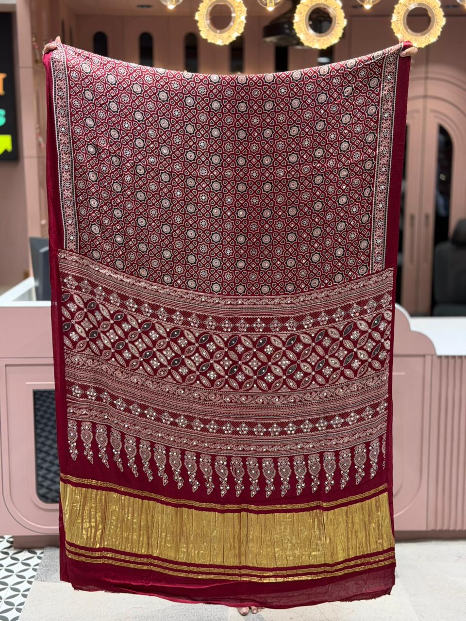 Beautiful Traditional Ajrakh Printed Saree With Golden Border By SHAGUN FASHION