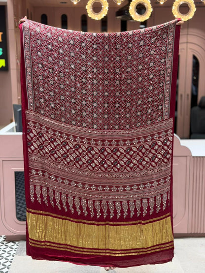Beautiful Traditional Ajrakh Printed Saree With Golden Border By SHAGUN FASHION