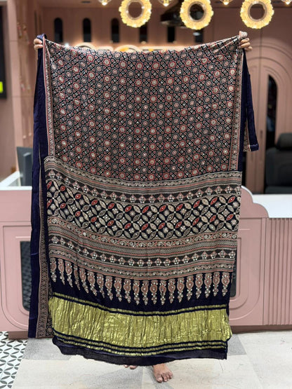 Beautiful Traditional Ajrakh Printed Saree With Golden Border By SHAGUN FASHION
