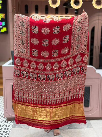Royal Elephant Print Traditional Saree With Golden Border By SHAGUN FASHION