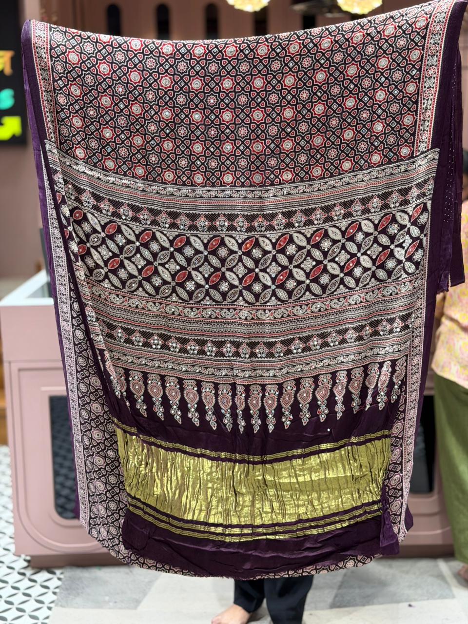Beautiful Traditional Ajrakh Printed Saree With Golden Border By SHAGUN FASHION