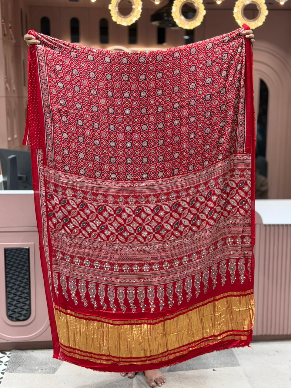 Beautiful Traditional Ajrakh Printed Saree With Golden Border By SHAGUN FASHION