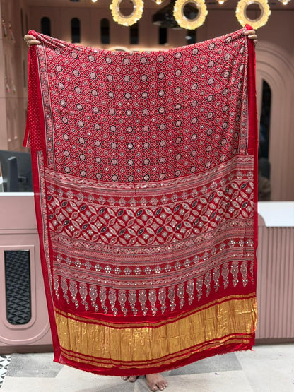Beautiful Traditional Ajrakh Printed Saree With Golden Border By SHAGUN FASHION