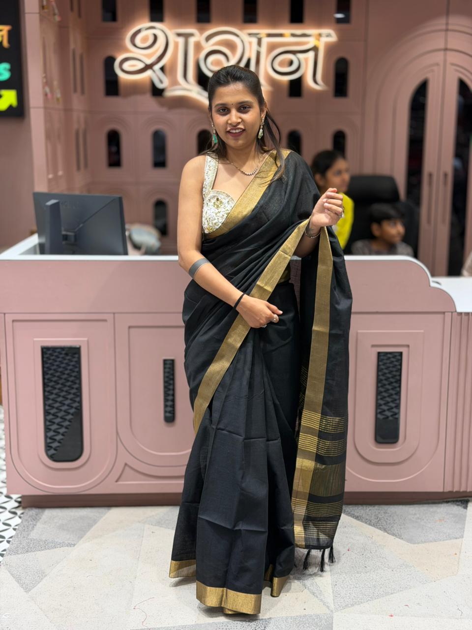 Plain Cotton Saree With Golden Border By SHAGUN FASHION