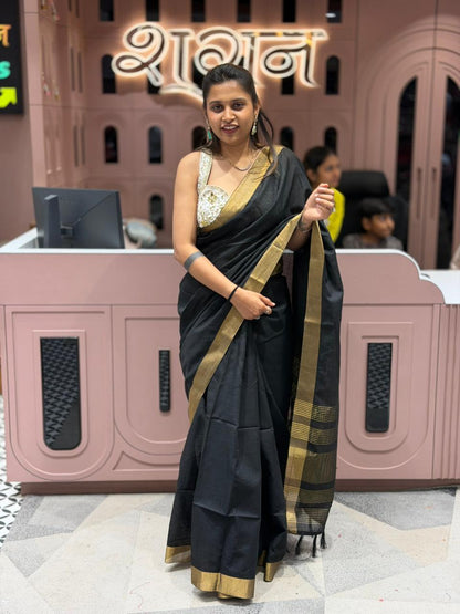 Plain Cotton Saree With Golden Border By SHAGUN FASHION