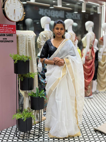 Plain Cotton Saree With Golden Border By SHAGUN FASHION