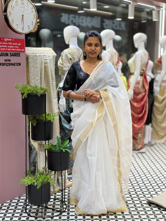 Plain Cotton Saree With Golden Border By SHAGUN FASHION