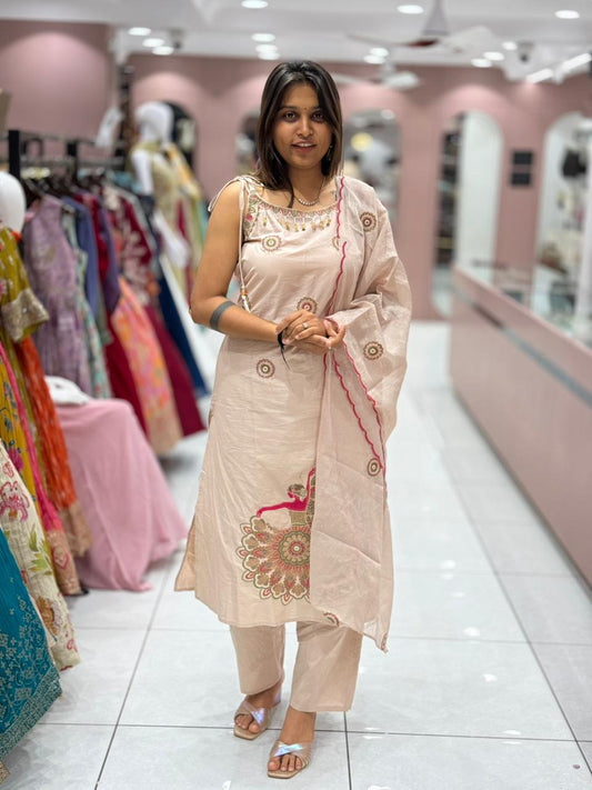 Designer Peacock Print Kurti Pant Dupatta Set