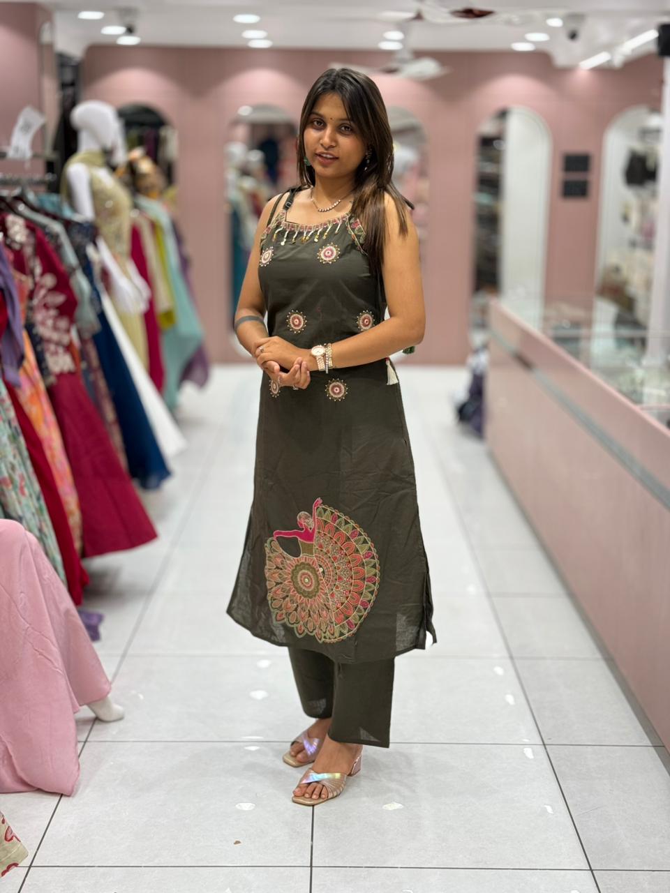 Designer Peacock Print Kurti Pant Dupatta Set