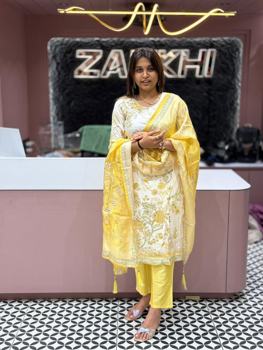 Sunshine Yellow Floral Kurti Pant Dupatta Set