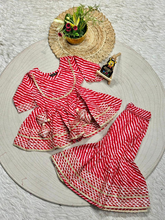 SHAGUN FASHION - Cute Red & White Leheriya Sharara Set for Your Little Doll!