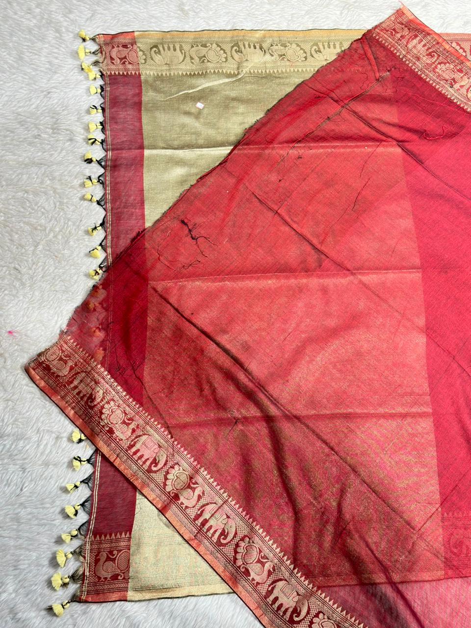 Royal Linen Cotton Silk Saree with Traditional Animal Motif Border and Tassel Pallu